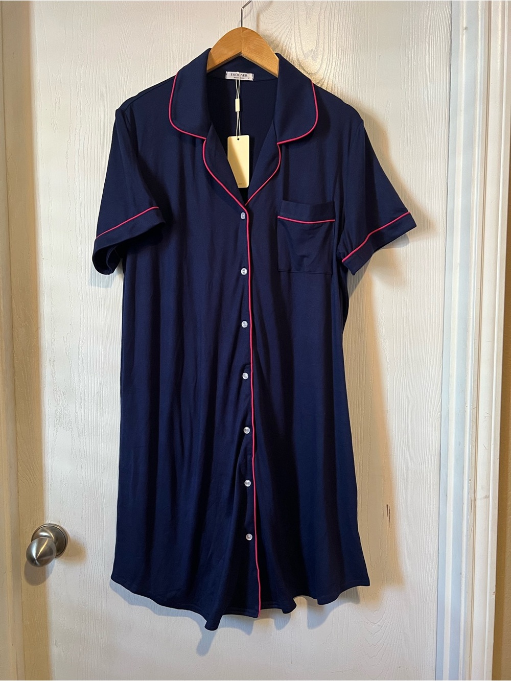 Ekouaer Sleepshirt Blue Button Front Jersey Chemise Sleepwear Lounge Sz L NWT